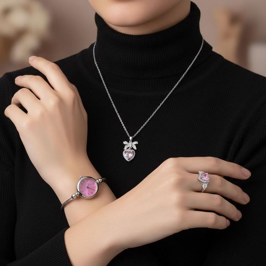 ست زنانه ساعت و گردنبند و انگشتر  Pink_Heart مدل 3671
