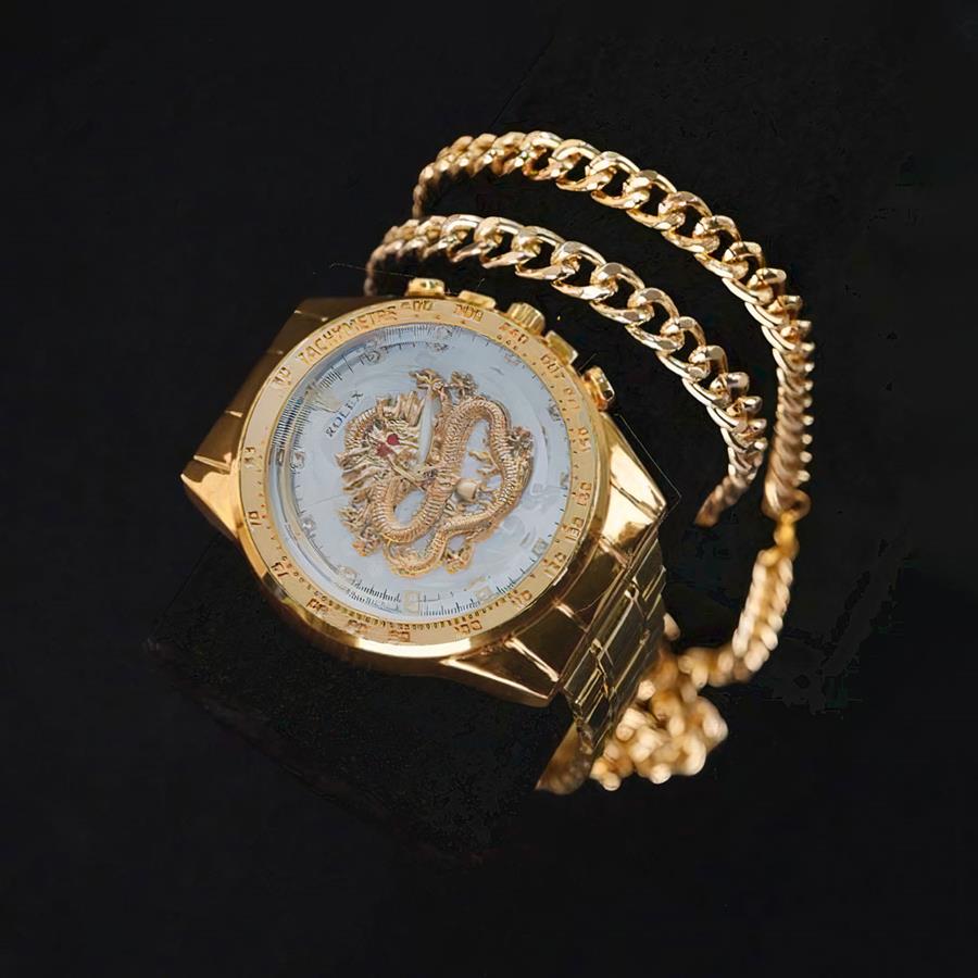 ست ساعت و نیم ست استیل Golden_Dragon مدل 3664_رنگ طلایی