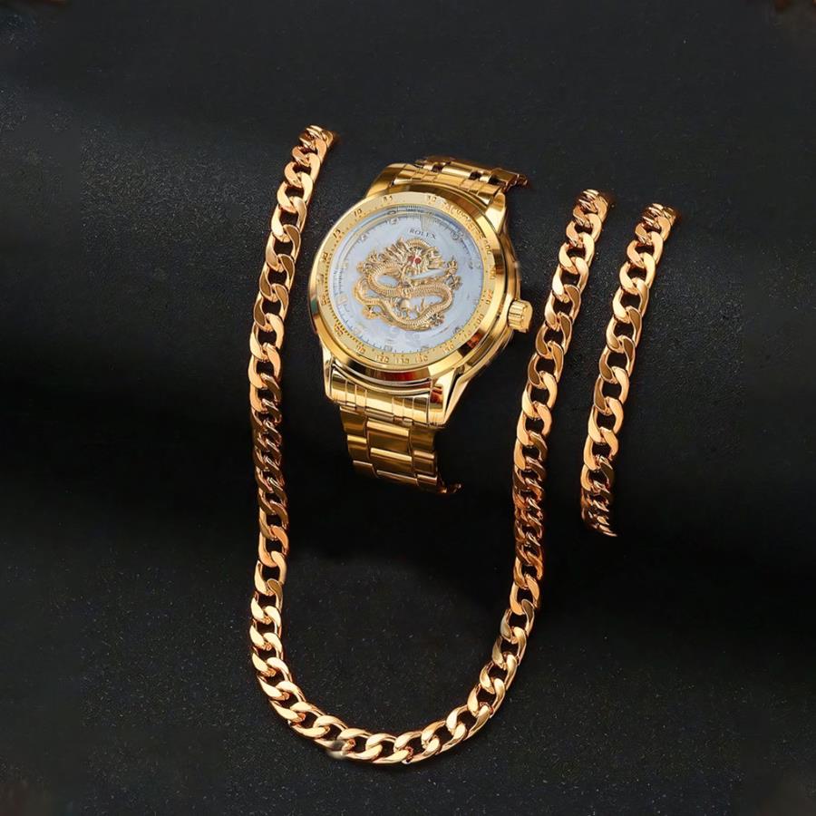 ست ساعت و نیم ست استیل Golden_Dragon مدل 3664_رنگ طلایی