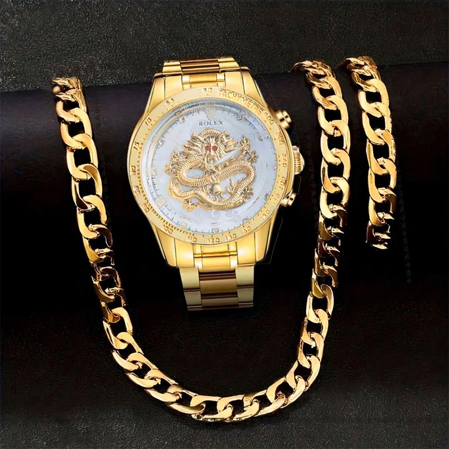 ست ساعت و نیم ست استیل Golden_Dragon مدل 3664_رنگ طلایی