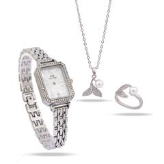 ست دخترانه ساعت و گردنبند و انگشتر Pearl_Silver مدل 3687