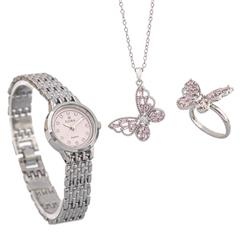 ست دخترانه ساعت و گردنبند و انگشتر Butterfly_Pink مدل 3748