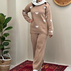 ست بلوز و شلوار بافت زنانه Heart_Cream مدل 3810