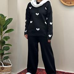 ست بلوز و شلوار بافت زنانه Heart_Black مدل 3812