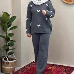 ست بلوز و شلوار بافت زنانه Heart_Charcoal مدل 3813