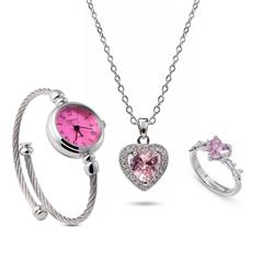 ست زنانه ساعت و گردنبند و انگشتر Heart_Pink مدل 3985