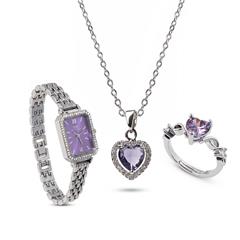 ست زنانه ساعت و گردنبند و انگشتر Heart_Purple مدل 3986